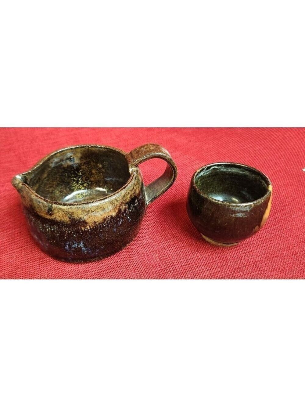 Vintage Ceramic Creamer Pitcher & Small Cup Set, Coffee Bar, Unique Pottery, 198